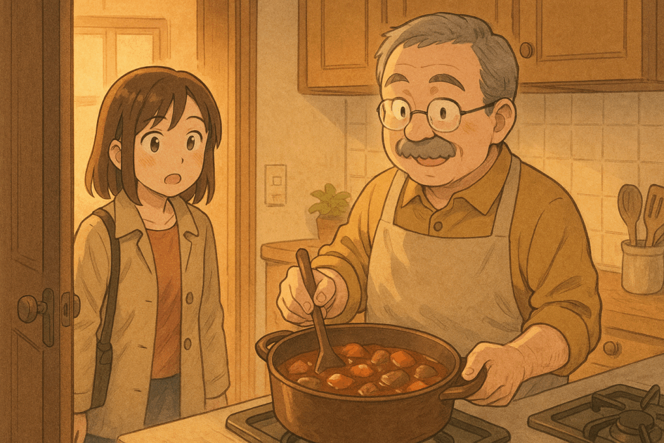 家に帰ると見知らぬおじさんがビーフシチューを作って待っている場面を描いた、温かみのある二次元イラスト。