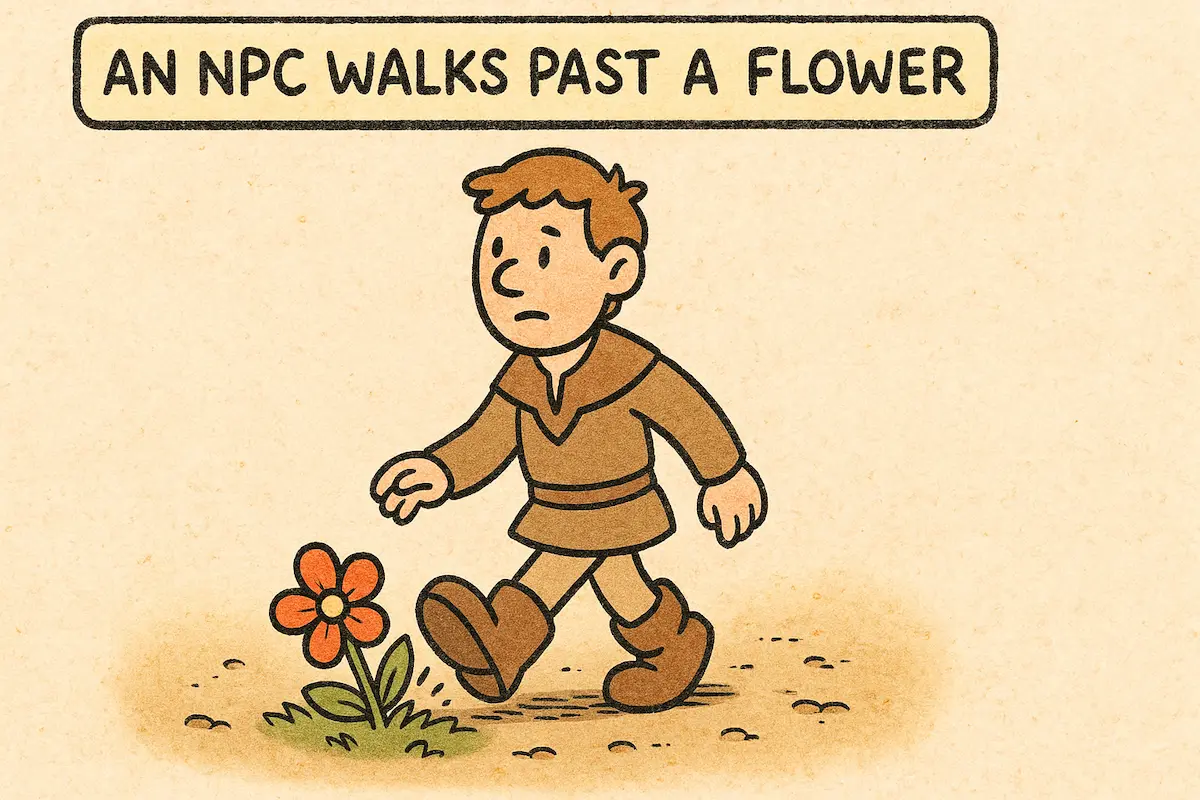 無表情のゲームNPCが花を踏みつけながら通り過ぎる様子を描いた可愛らしい風刺画。足元の花は悲しそうな表情をしている。