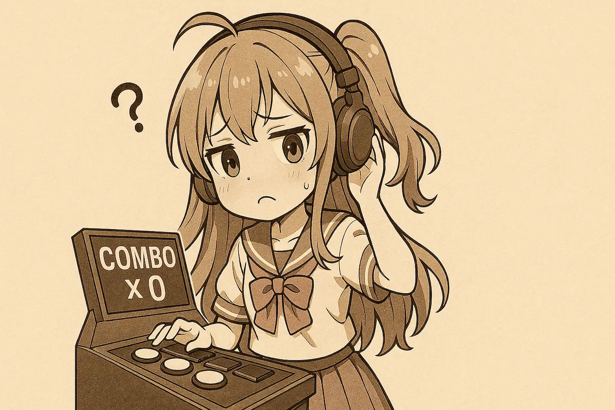 リズムゲームのアーケード筐体の前で、女子プレイヤーがコンボを切り、首をかしげて困惑している。ヘッドホンをつけ、セーラー服姿で汗をにじませた萌え系キャラクターの風刺的イラスト。