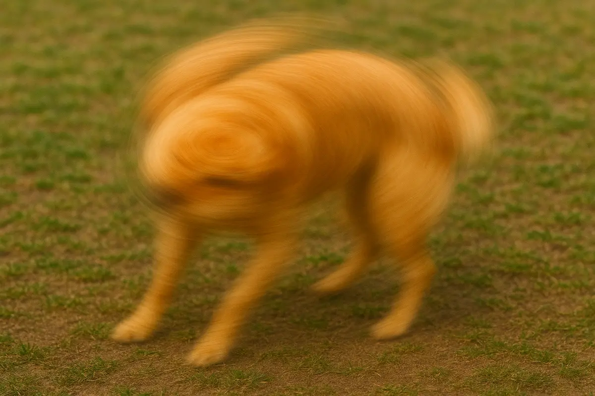 全身が高速で回転して残像になった犬の実写写真。芝生の上で回転し、体がブレて複数の姿が重なって見える。